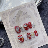 10Pcs Short Squoval Christmas Bow Handmade Press on Fake Nails Cute Gel Nail with Glue Snowflake French False Nail Manicure Tips
